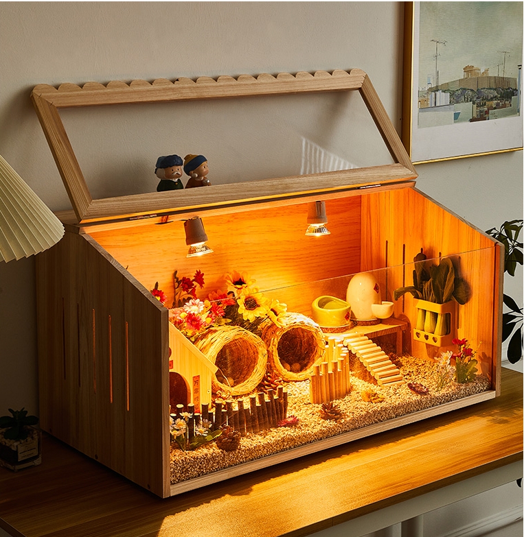 open-lid wooden hamster habitat illuminated by ambient lighting