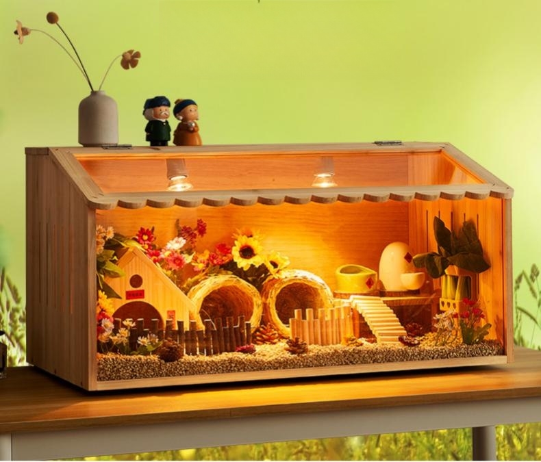 wooden hamster habitat illuminated by ambient lighting