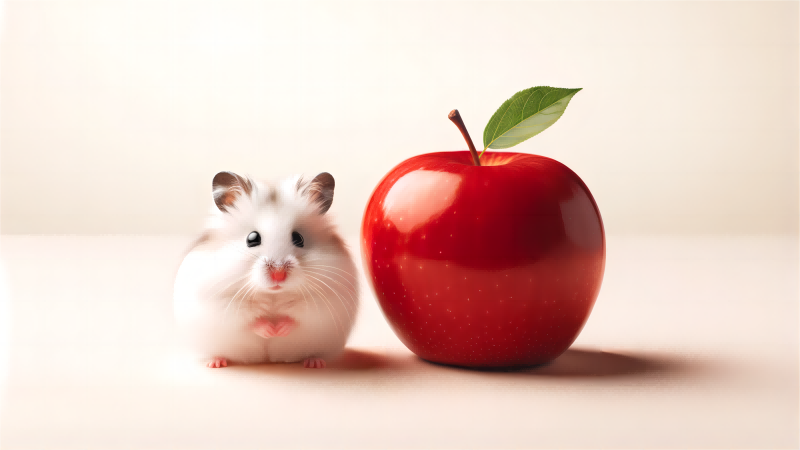 Can a Hamster Eat Apples? a white hamster and a red apple