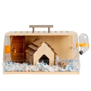 hamster travle cage with essential accessories( hamster hidden house, hamster water bottle, ruuning wheel, hidden tube, food bowl...)